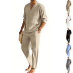 Men's comfortable linen two-piece with stand-up collar shirt and tapered ankle-length pants Fashion Glam