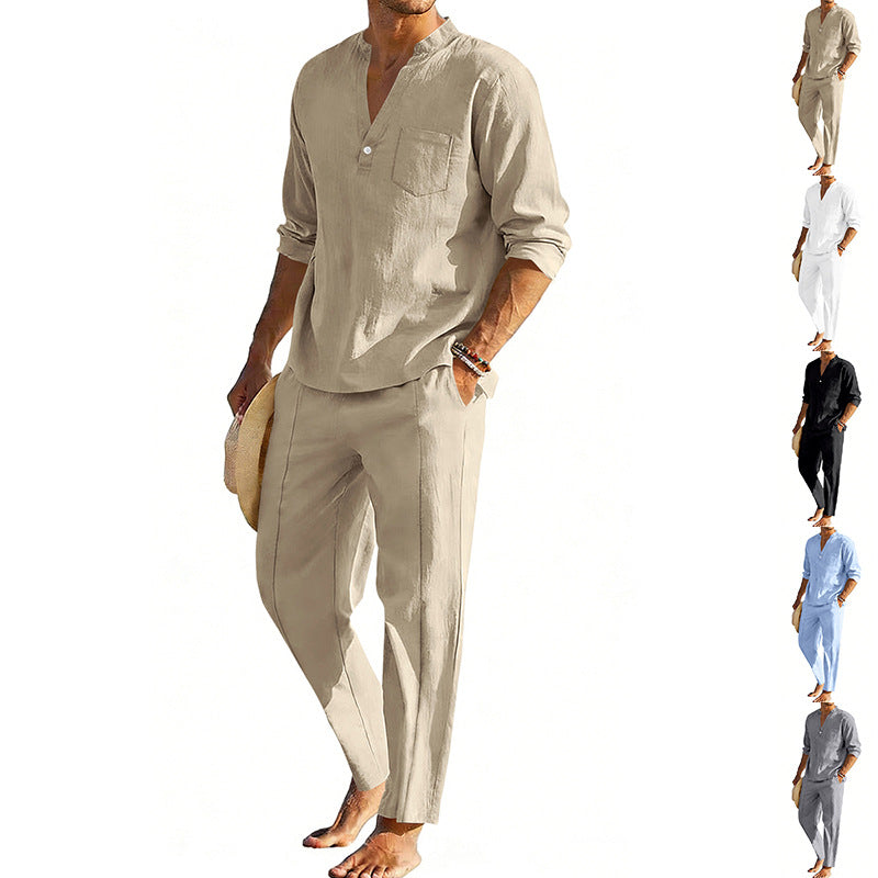 Men's comfortable linen two-piece with stand-up collar shirt and tapered ankle-length pants Fashion Glam