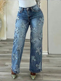 Women High-Waisted Straight-Leg Jeans with Fringed Cross Applications Fashion Glam
