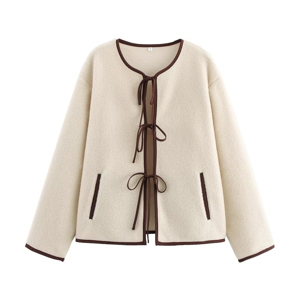 Women's Short Cut Teddy Fleece Jacket with Ties and Contrast Piping Fashion Glam