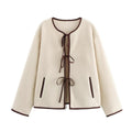 Women's Short Cut Teddy Fleece Jacket with Ties and Contrast Piping Fashion Glam