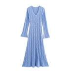 Women crocheted maxi dress with V-neck, fitted mid-section look and flared trumpet sleeves Fashion Glam