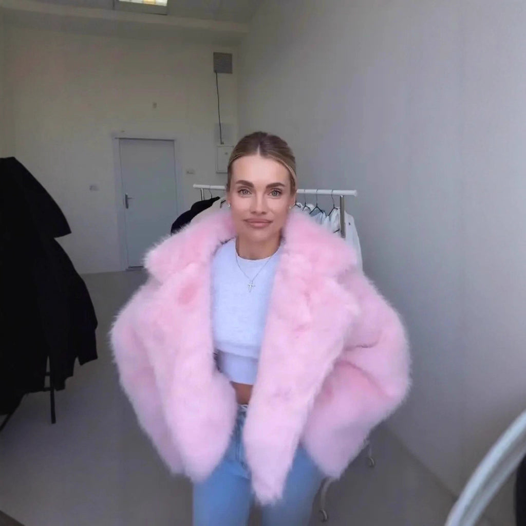 Women Cropped Faux Fur Bomber with Voluminous High Pile Fashion Glam