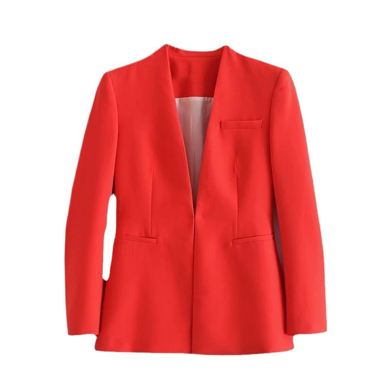 Women Tailored Blazer without Lapels with Open Front and Welt Pockets Fashion Glam