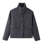 Women's Boxy Short Jacket made of Wool Blend with Stand-up Collar and Flap Pockets Fashion Glam