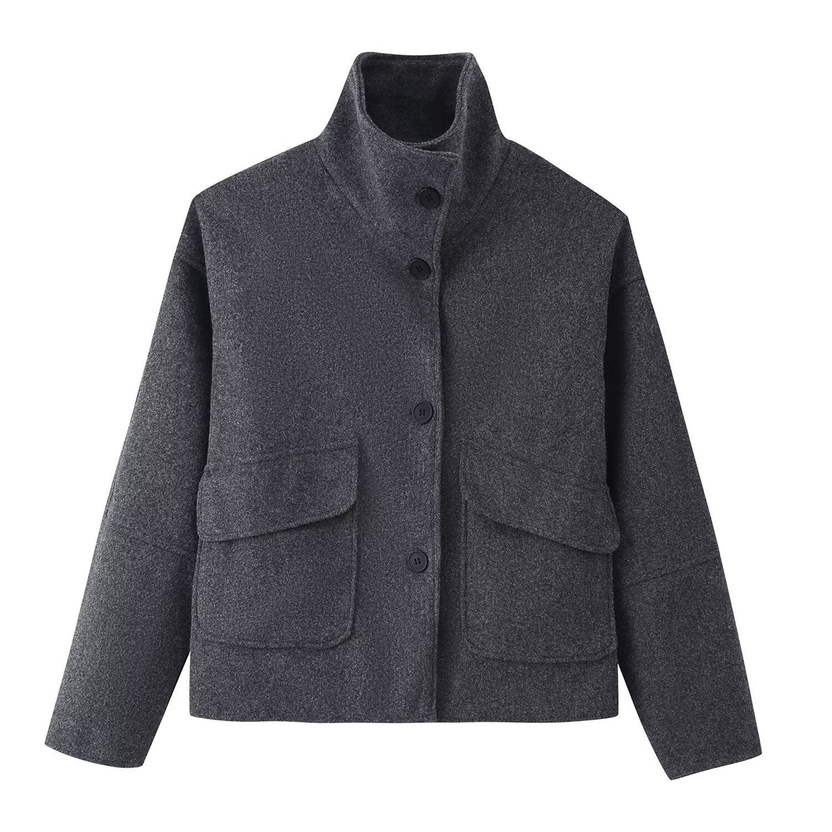 Women's Boxy Short Jacket made of Wool Blend with Stand-up Collar and Flap Pockets Fashion Glam
