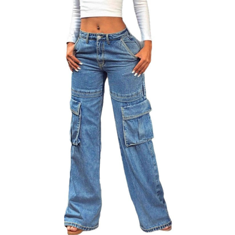 Women's casual cargo denim baggy trousers with extra-large flap pockets and straight leg Fashion Glam