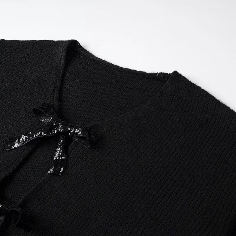 Women's Oversized Knit Cardigan with Deep V-Neck and Decorative Bows Fashion Glam