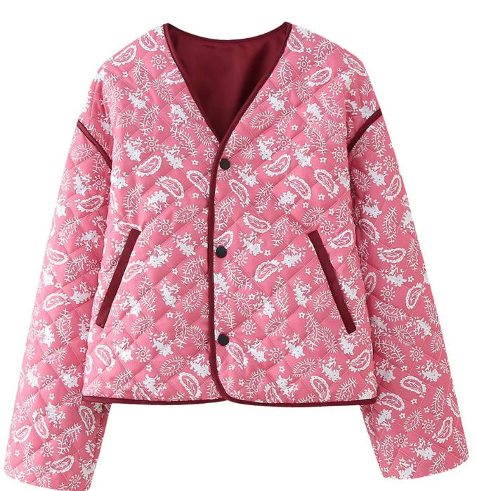 Women's quilted short jacket with V-neck, paisley pattern and contrasting piping Fashion Glam