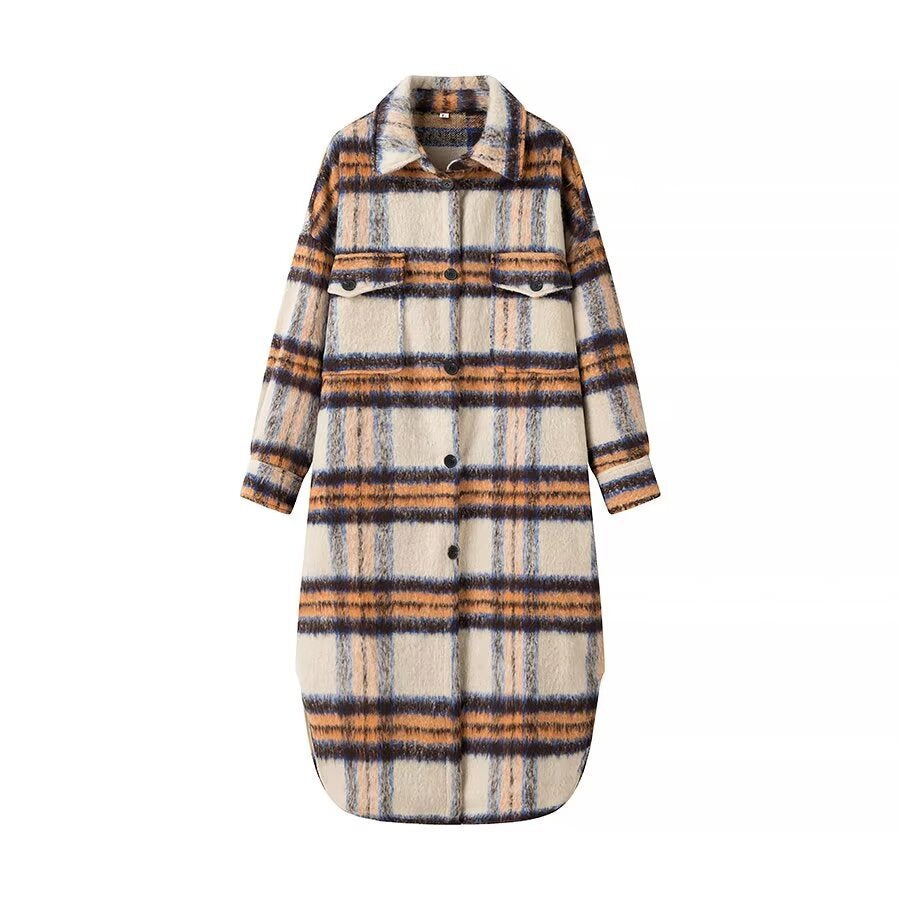 Women's checked longline faux fur overcoat with patch breast pockets Fashion Glam