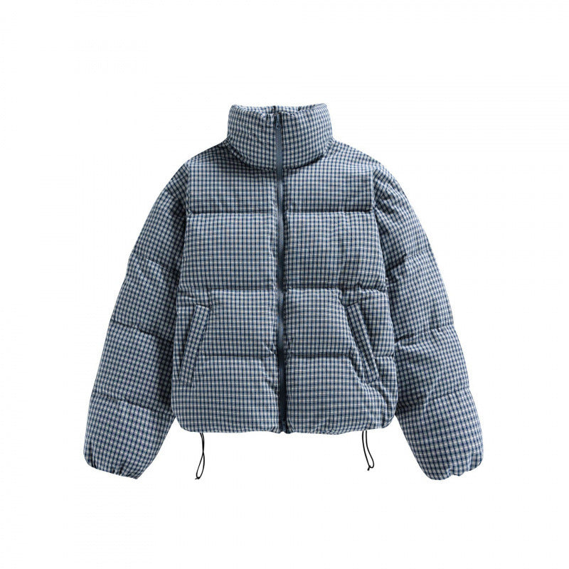 Women's short quilted jacket in check pattern with high stand-up collar and drawstring Fashion Glam