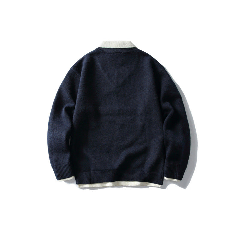 Unisex Oversize Knit Sweater with Contrast Polo Collar and V-Neck Fashion Glam