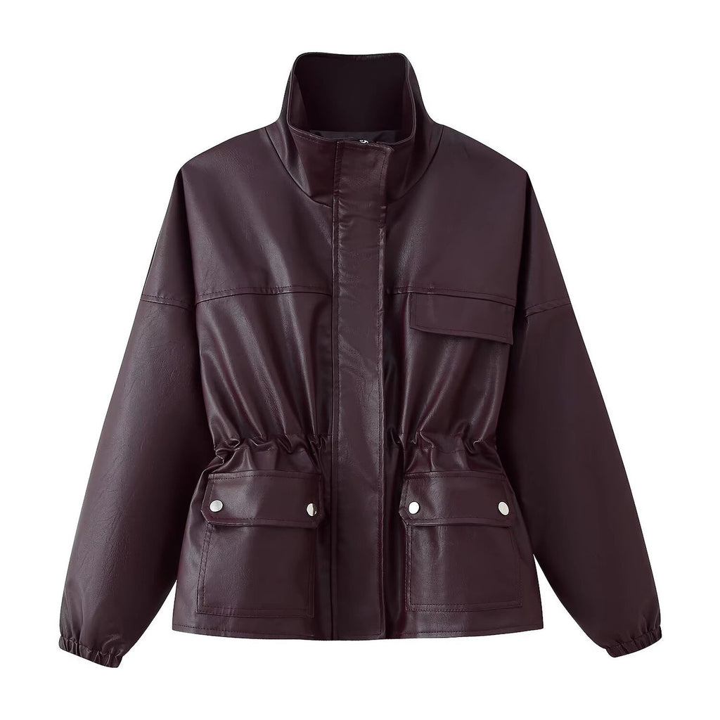 Women Faux Leather Parka with Stand Collar, Waist Drawstring, and Placket Pockets Fashion Glam