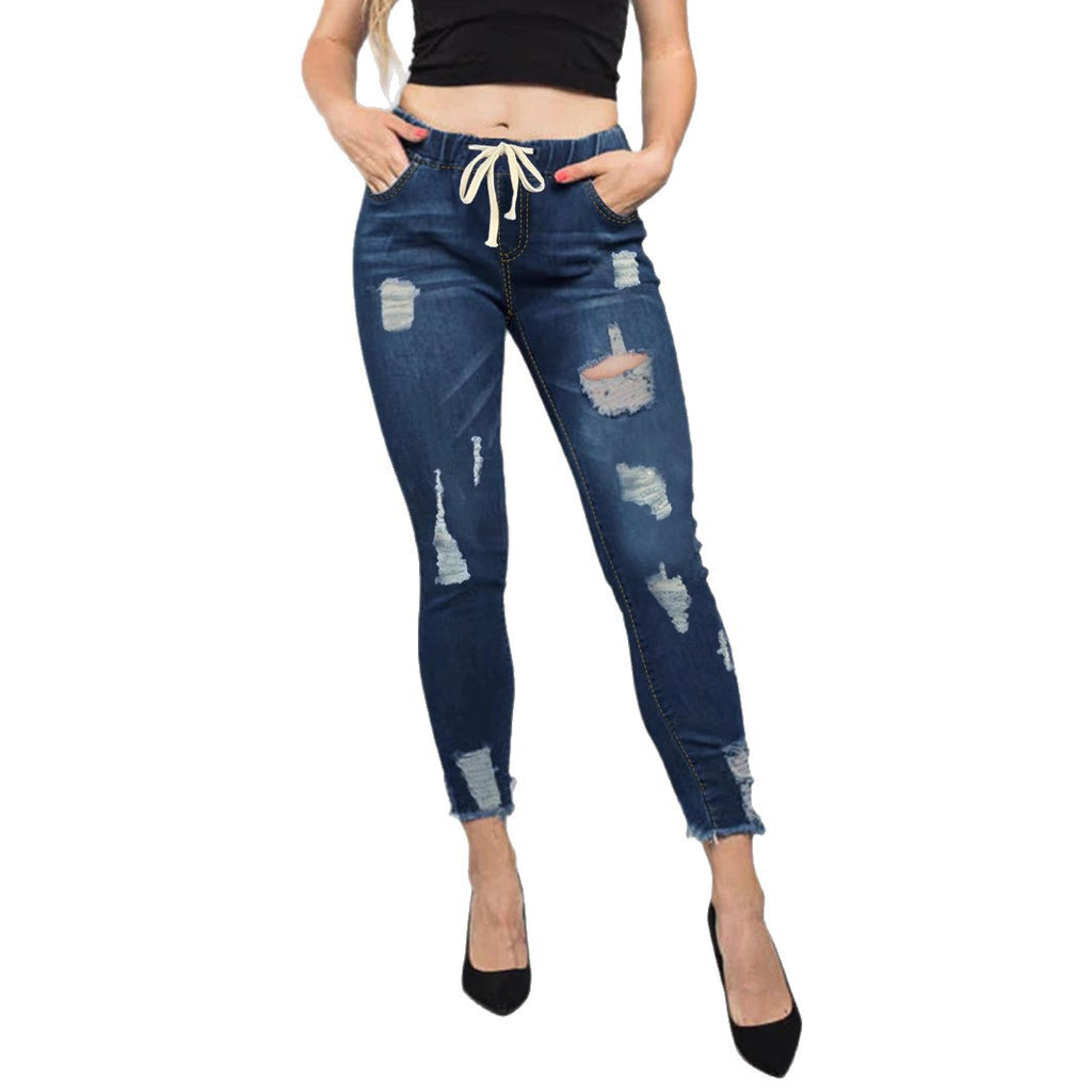 Women High-Waisted Destroyed Jogger Jeans with Elastic Drawstring Waistband and Cropped Frayed Hem Fashion Glam