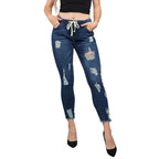 Women High-Waisted Destroyed Jogger Jeans with Elastic Drawstring Waistband and Cropped Frayed Hem Fashion Glam