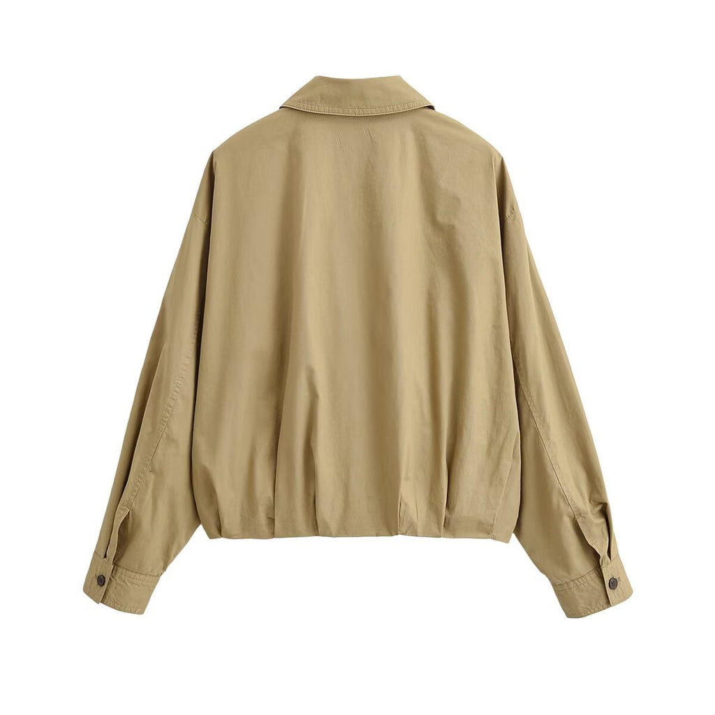 Women's Lightweight Cropped Bomber Jacket with Button Placket and Elastic Hem Fashion Glam