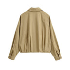 Women's Lightweight Cropped Bomber Jacket with Button Placket and Elastic Hem Fashion Glam