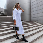 Women's Long Oversized Shirt Dress with Continuous Button Placket, Cuffed Sleeves and Deep Side Slit Fashion Glam