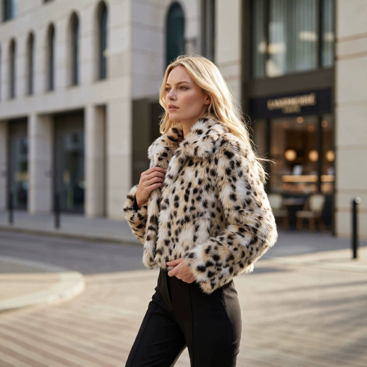Women short cut faux fur jacket with graphic spot pattern and boxy silhouette Fashion Glam