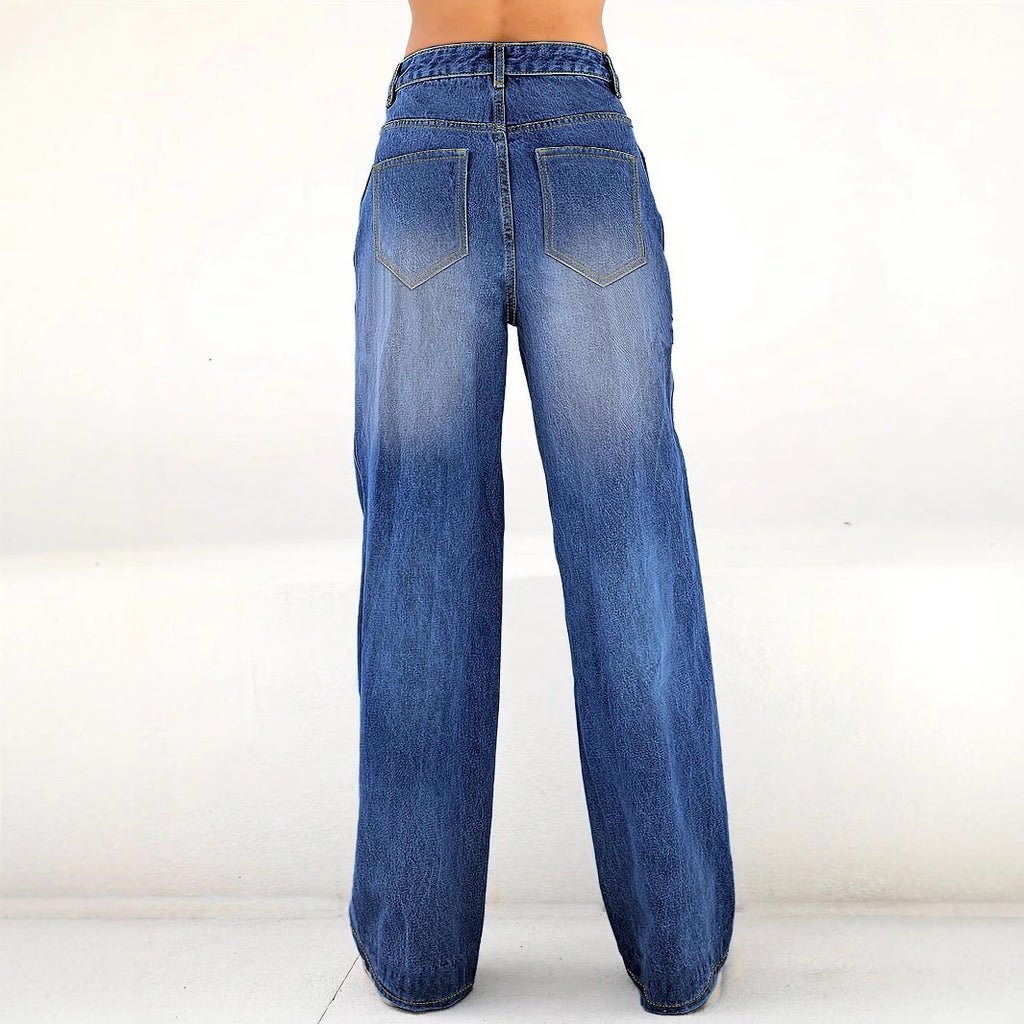 Ladies High-Waist Wide-Leg Jeans with large heart print Fashion Glam