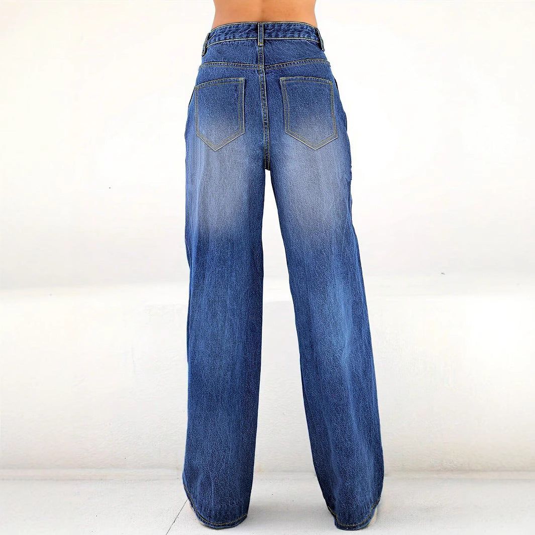 Ladies High-Waist Wide-Leg Jeans with large heart print Fashion Glam