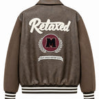Men's Varsity Bomber Jacket in Vintage Leather Look with Chenille Emblem Fashion Glam
