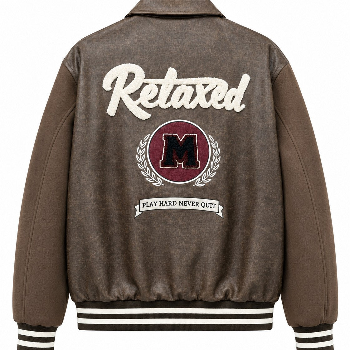 Men's Varsity Bomber Jacket in Vintage Leather Look with Chenille Emblem Fashion Glam