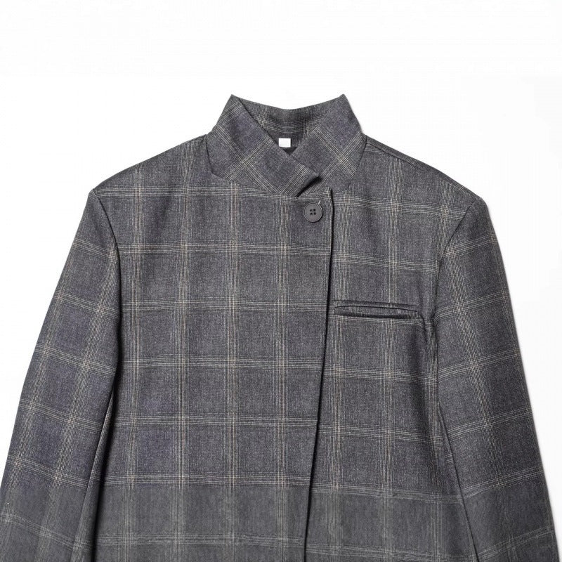 Women's tailored check blazer with stand-up collar, concealed button placket and flap pockets Fashion Glam