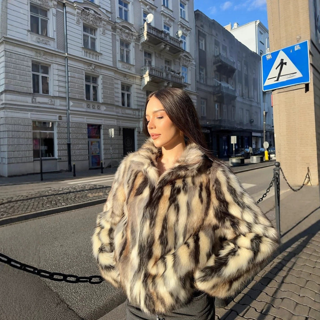 Ladies short cut boxy faux fur jacket with contrasting spot pattern and stand collar Fashion Glam
