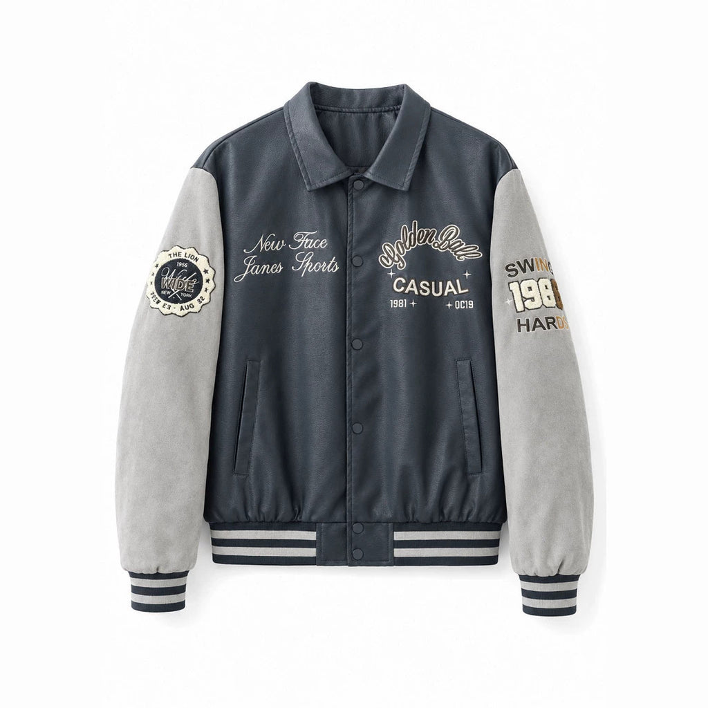 Men's varsity bomber jacket in collegiate style with faux leather body, suede look sleeves and embroidered patches Fashion Glam