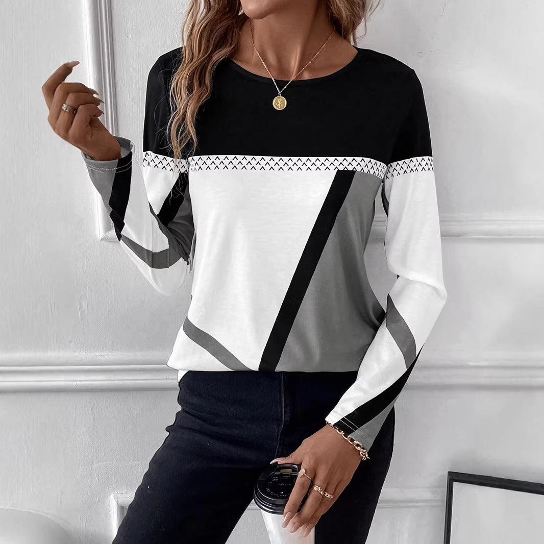 Women's Long Sleeve Shirt with Graphic Colorblock Design and Round Neck Fashion Glam