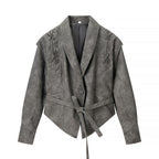 Women's Tailored Suede Blazer with Tie Belt and Lacing Detail Fashion Glam