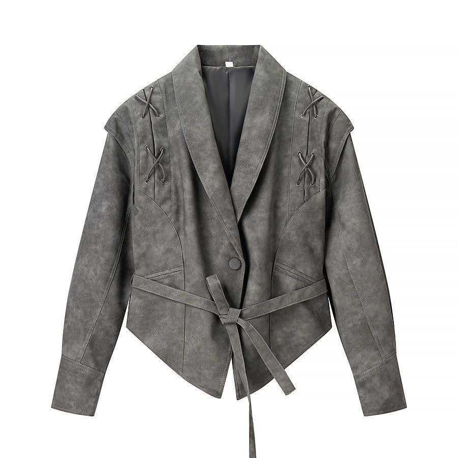 Women's Tailored Suede Blazer with Tie Belt and Lacing Detail Fashion Glam