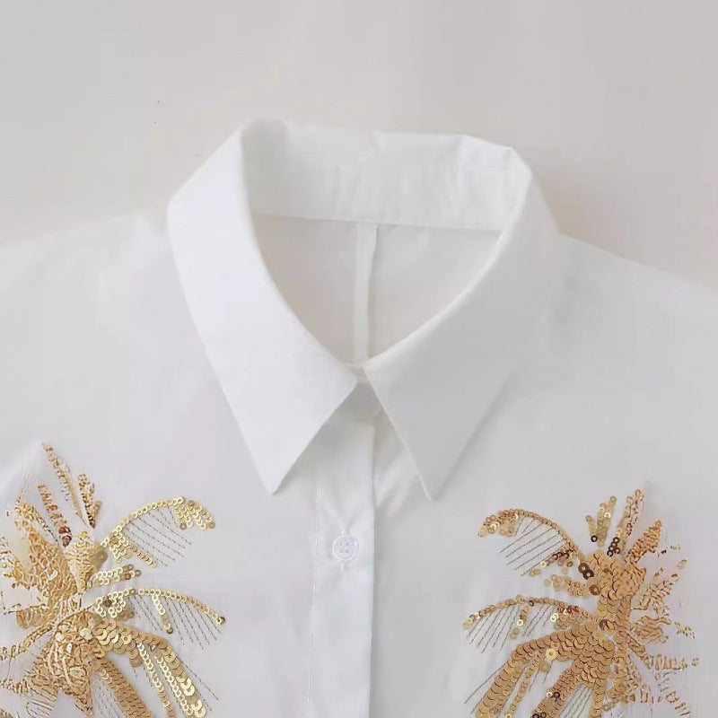 Women Oversize Shirt Blouse with Palm Motif made of Golden Sequins Fashion Glam