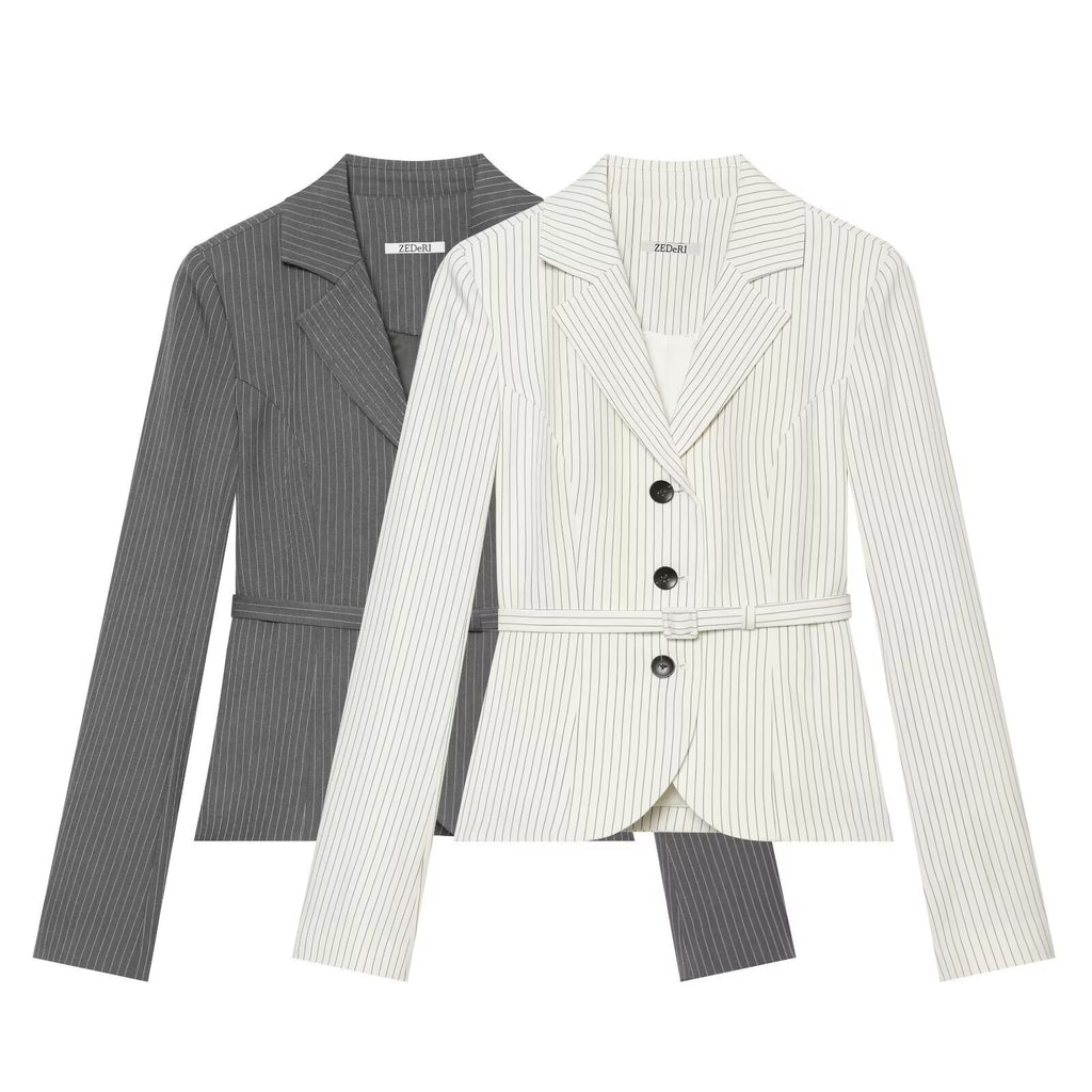 Women's Tailored Pinstripe Blazer with Tie Belt Fashion Glam
