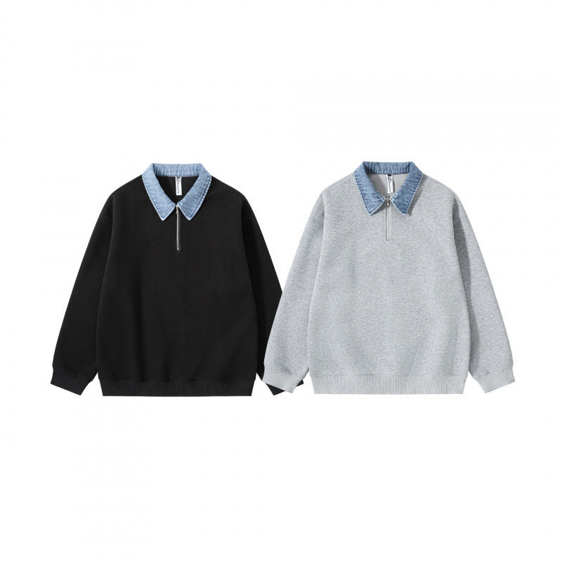 Unisex Oversize-Halfzip-Sweatshirt with contrasting denim collar Fashion Glam