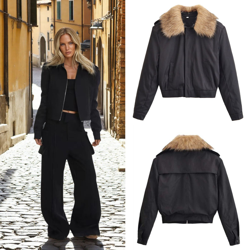 Ladies Short Bomber Jacket with Removable Faux Fur Collar Fashion Glam