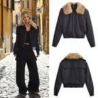 Ladies Short Bomber Jacket with Removable Faux Fur Collar Fashion Glam