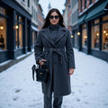 Women's Tailored Wool Blend Coat with Tie Belt and Large Lapel Collar Fashion Glam