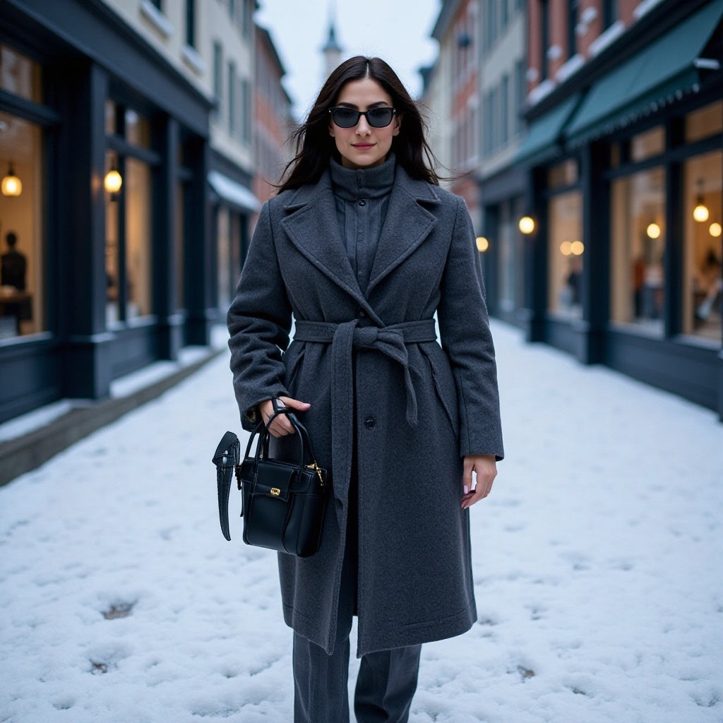 Women's Tailored Wool Blend Coat with Tie Belt and Large Lapel Collar Fashion Glam