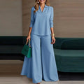 Ladies Elegant Two-Piece Palazzo Set with Shirt Collar Top and Wide Leg Fashion Glam