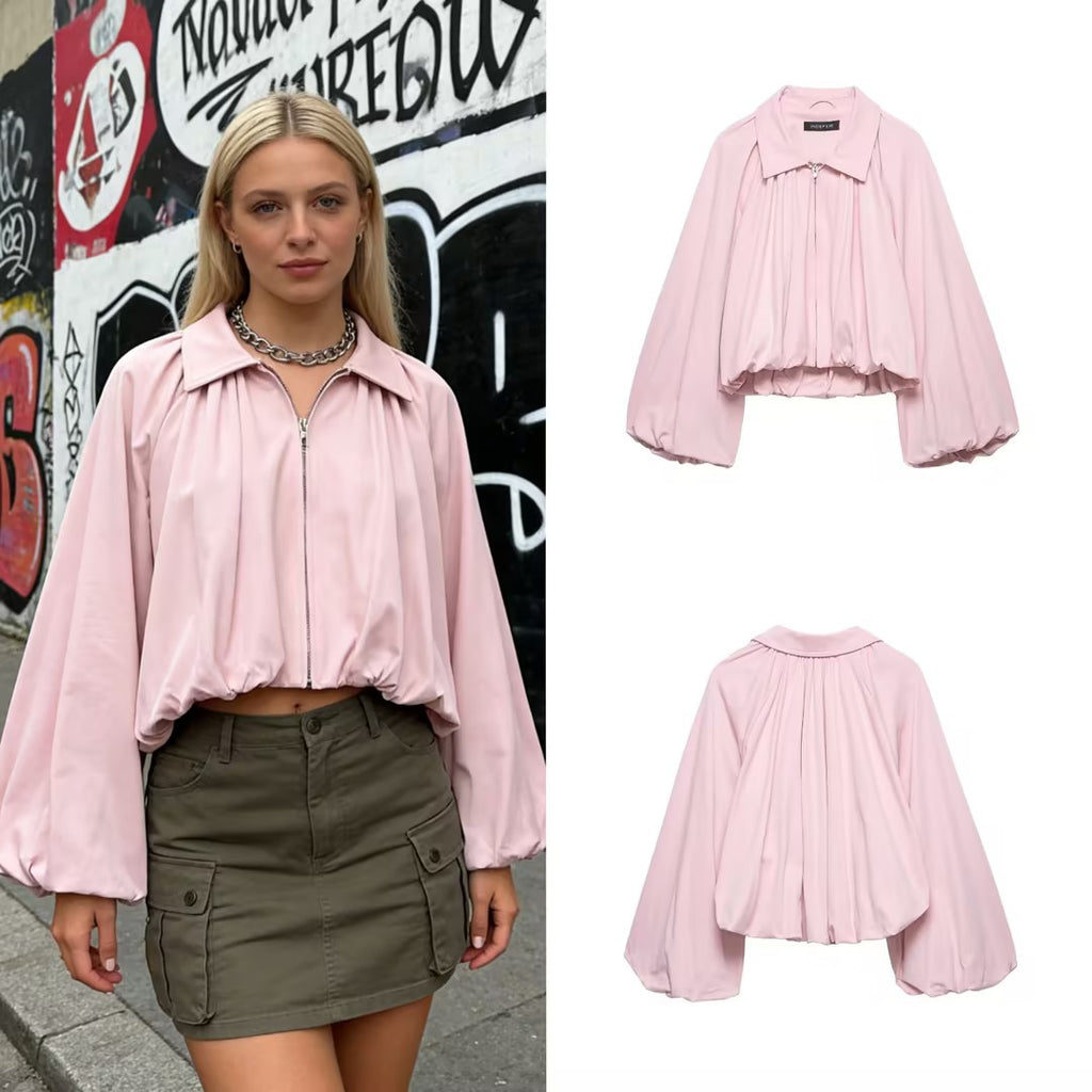 Women's Short Oversized Bomber Jacket with Voluminous Sleeves and Elastic Fashion Glam