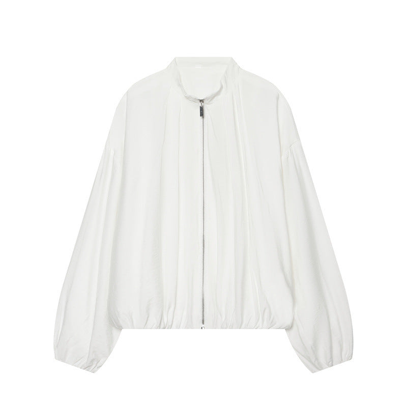 Women Oversize Lightweight Bomber Jacket made of striped woven fabric with standing collar, zipper, and elastic hem Fashion Glam