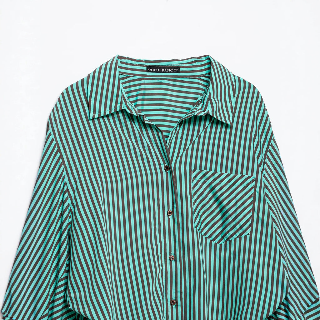 Women's Striped Oversized Shirt Blouse with Chest Pocket and Wide Cuffs Fashion Glam