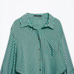 Women's Striped Oversized Shirt Blouse with Chest Pocket and Wide Cuffs Fashion Glam