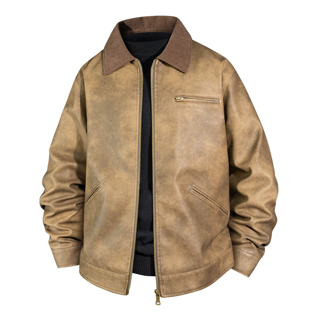 Men's Vintage Leather Bomber Jacket with Ribbed Collar Fashion Glam