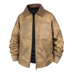 Men's Vintage Leather Bomber Jacket with Ribbed Collar Fashion Glam