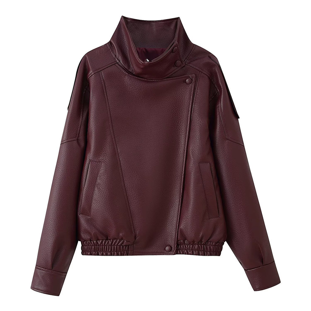 Women's Short Cut Faux Leather Bomber Jacket with High Stand Collar, Asymmetric Snap Button Placket and Elastic Hem Fashion Glam