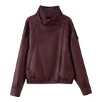 Women's Short Cut Faux Leather Bomber Jacket with High Stand Collar, Asymmetric Snap Button Placket and Elastic Hem Fashion Glam
