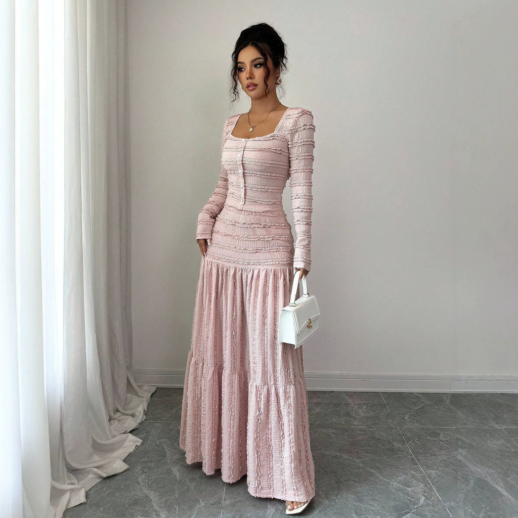 Women's Figure-Hugging Ruffle Maxi Dress with Square Neckline and Button Placket Fashion Glam